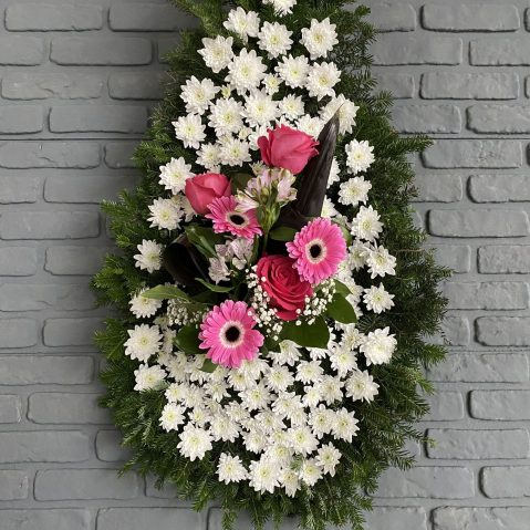 Coroana funerara cu flori albe si roz C180