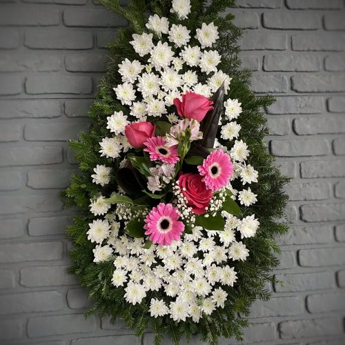Coroana funerara cu flori albe si roz C180