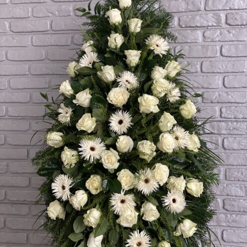 Coroana Funerara cu Trandafiri Albi si Gerbere