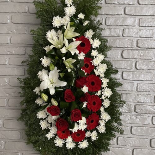 Coroana Funerara cu Flori Albe si Rosii