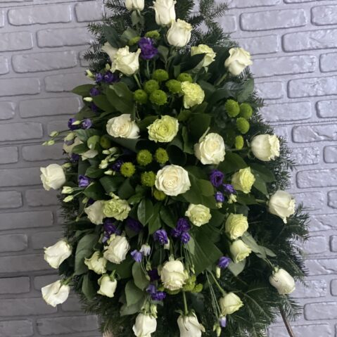 Coroana Funerara cu Trandafiri Albi si Eustoma Mov