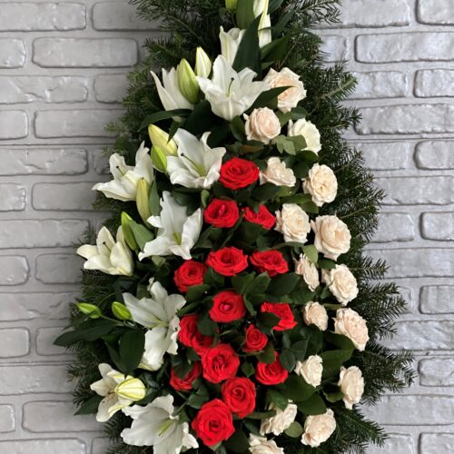 Coroana Funerara cu Crini si Trandafiri