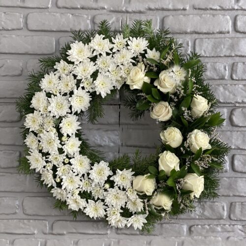 Coronita funerara cu trandafiri si crizanteme