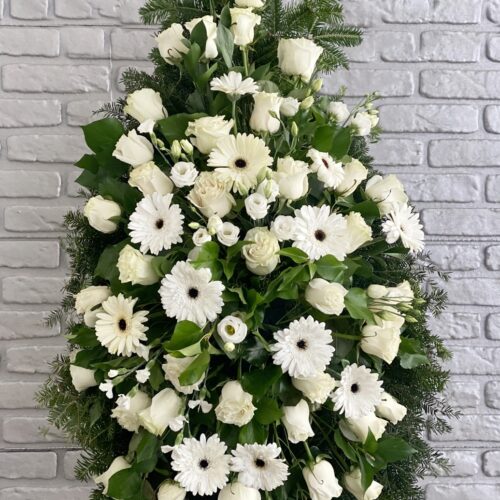 Coroana funerara cu trandafiri,gerbera si eustoma