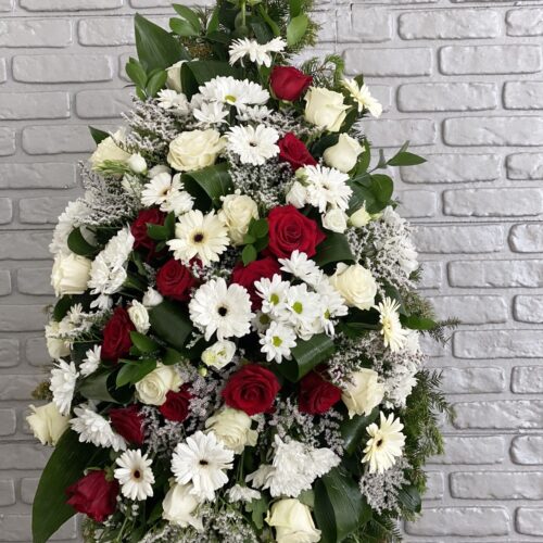 Coroana funerara cu flori albe si rosii