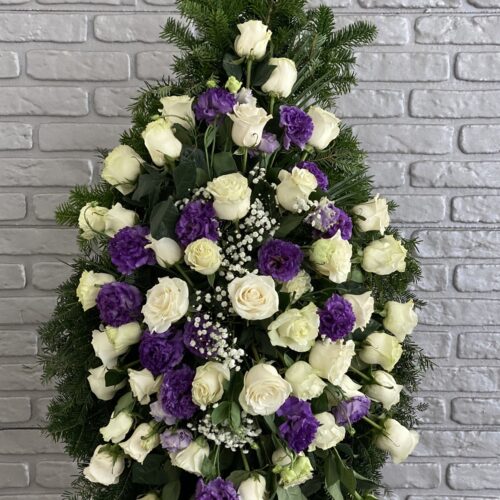 Coroana funerara cu trandafiri si eustoma