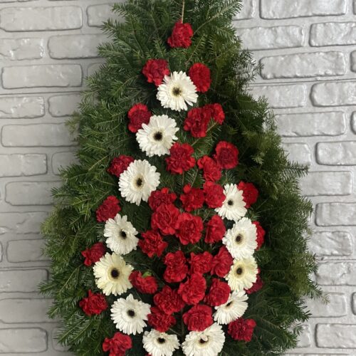 Coroana funerara cu garoafe si gerbera