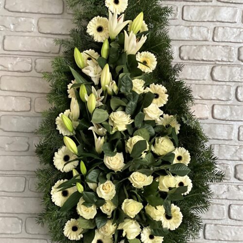 Coroana funerara cu crini si trandafiri